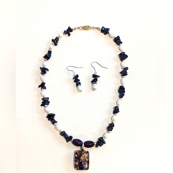 Vintage Baroque Pearl Blue Goldstone & Murano Glass Pendant Necklace & Earrings - Picture 2 of 9